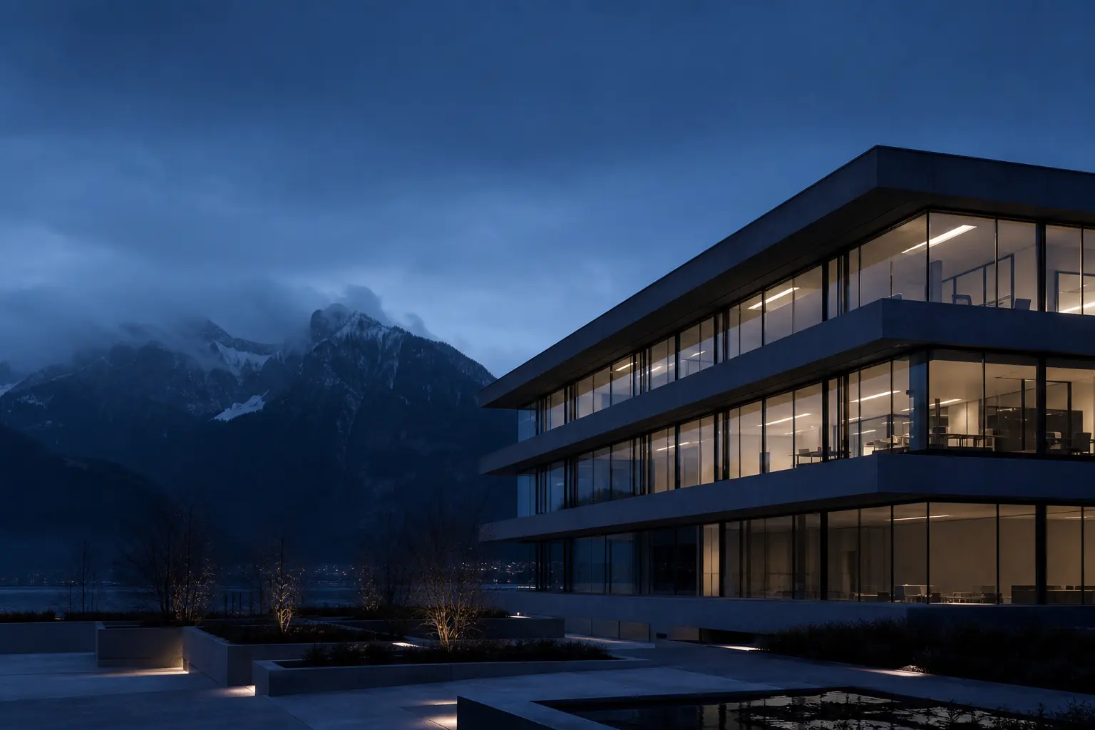 Modern Swiss building at dusk